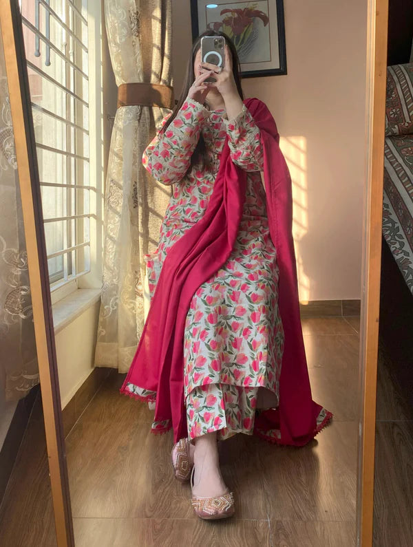 3Pc Khaddar Printed Peach Floral Dress