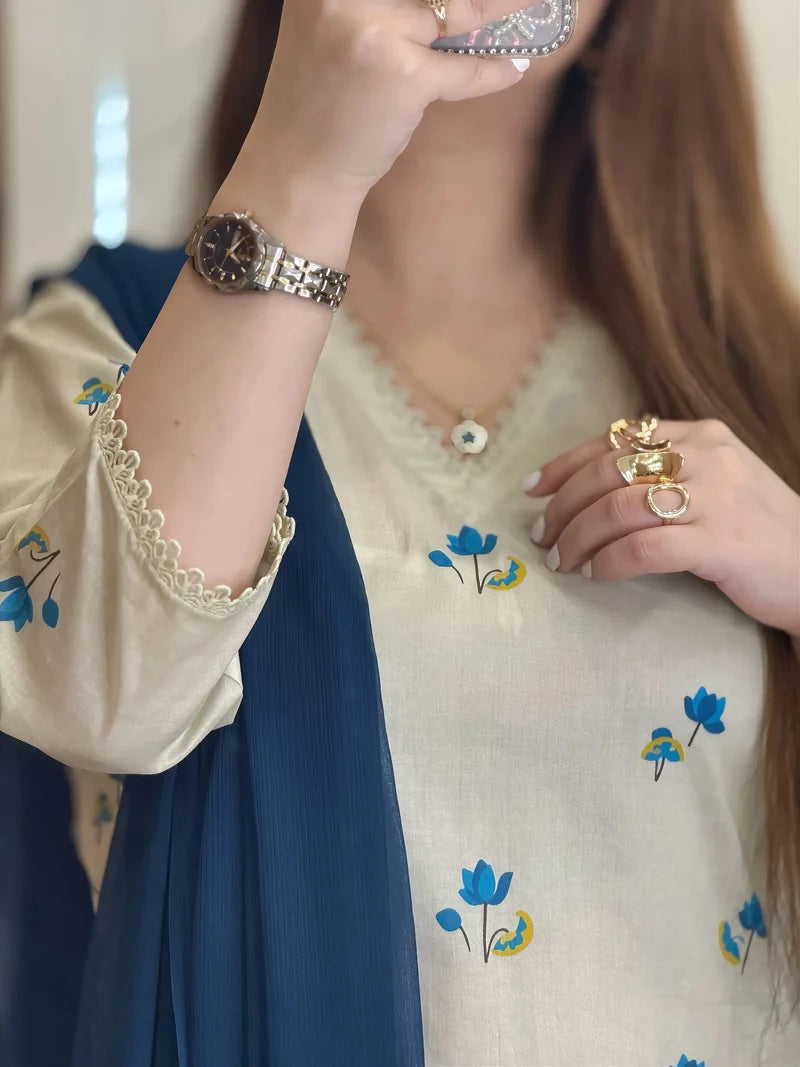Premium Blue Floral Embroidered 3-Piece Suit