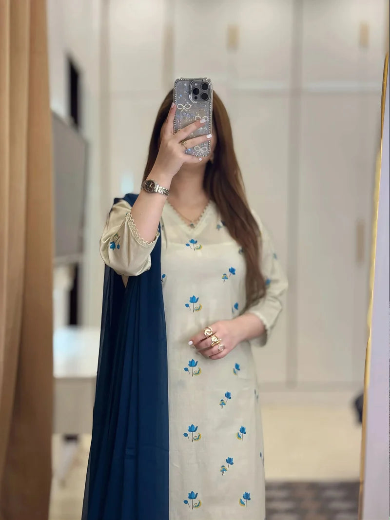 Premium Blue Floral Embroidered 3-Piece Suit