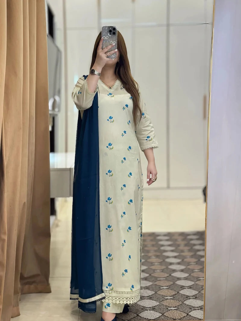 Premium Blue Floral Embroidered 3-Piece Suit