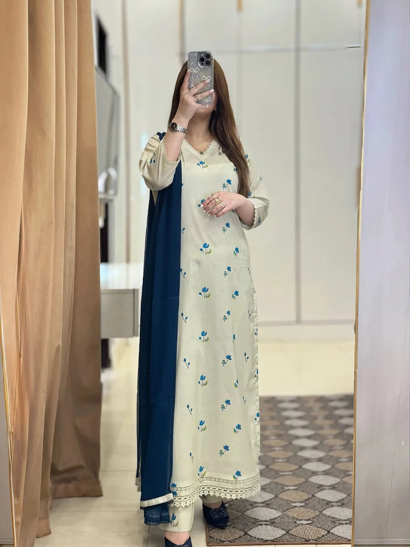 Premium Blue Floral Embroidered 3-Piece Suit