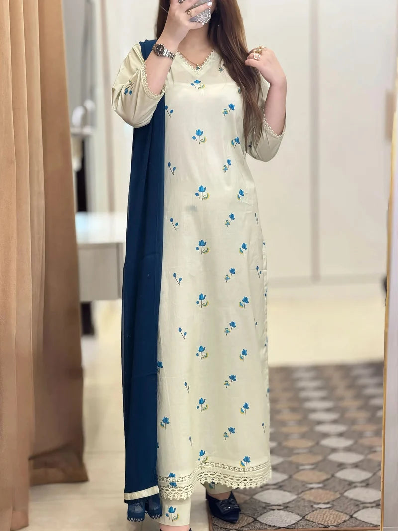Premium Blue Floral Embroidered 3-Piece Suit
