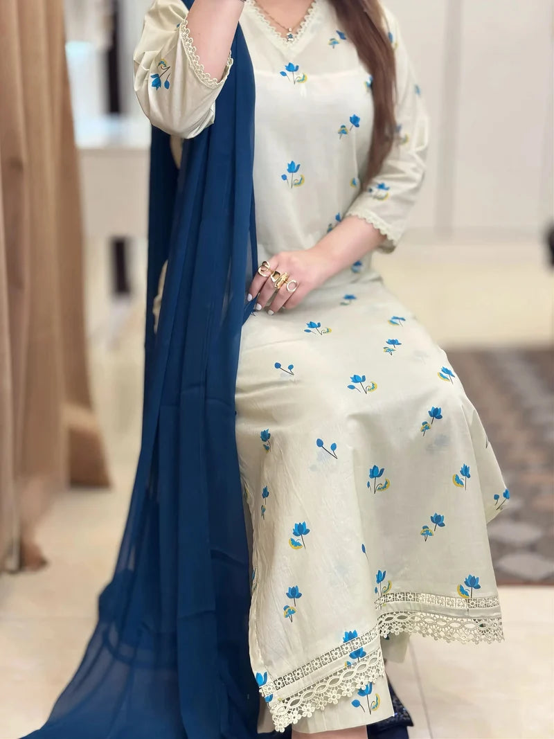 Premium Blue Floral Embroidered 3-Piece Suit