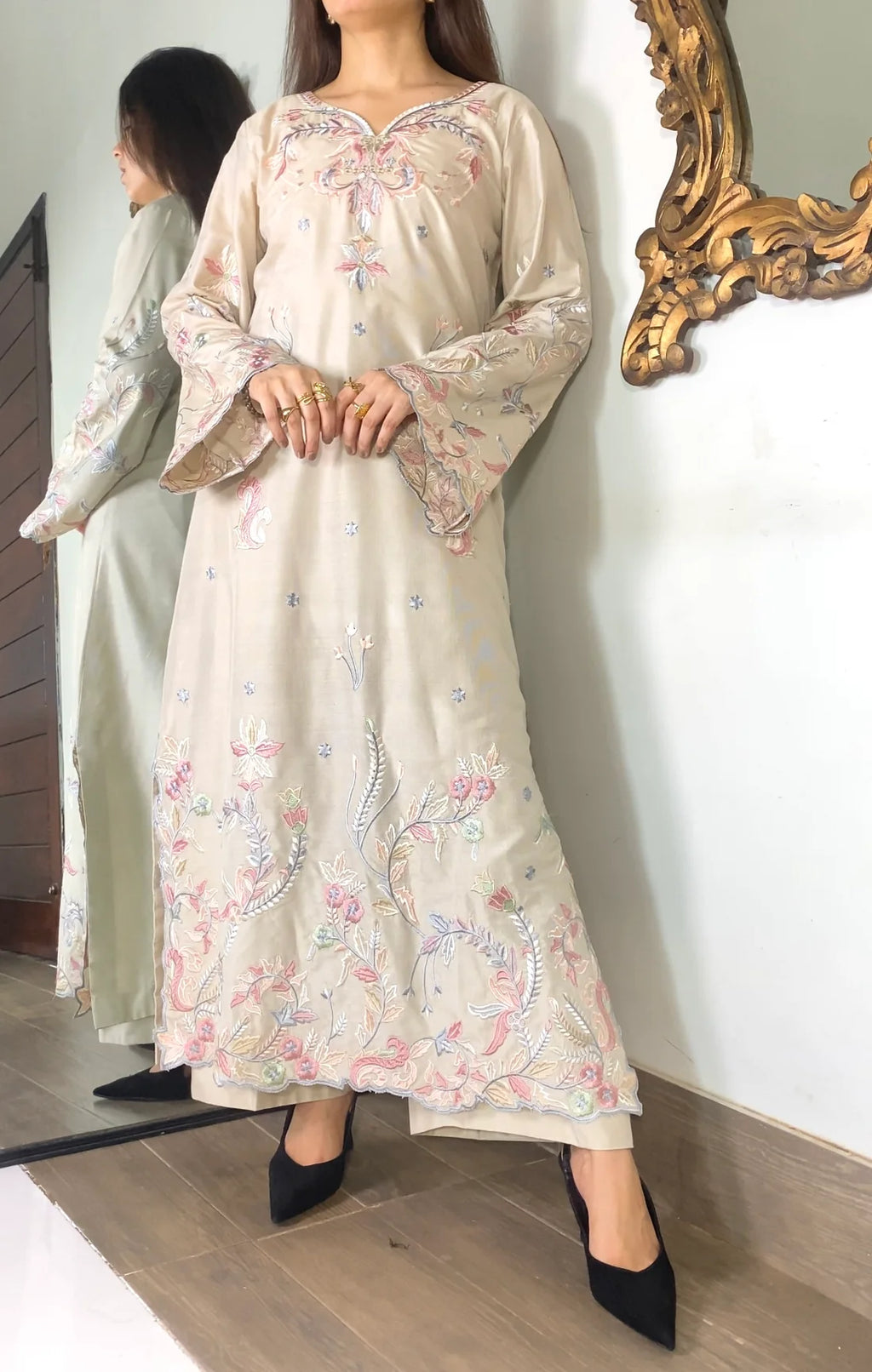 Elegant Ivory Embroidered 3-Piece Suit with Pastel Floral Detailing