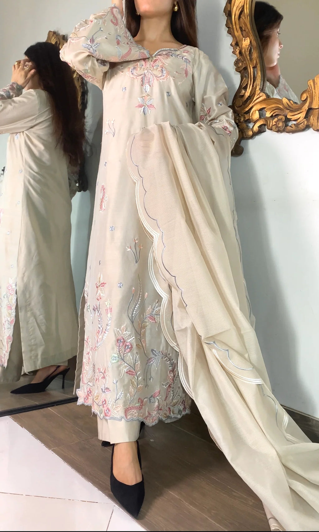 Elegant Ivory Embroidered 3-Piece Suit with Pastel Floral Detailing