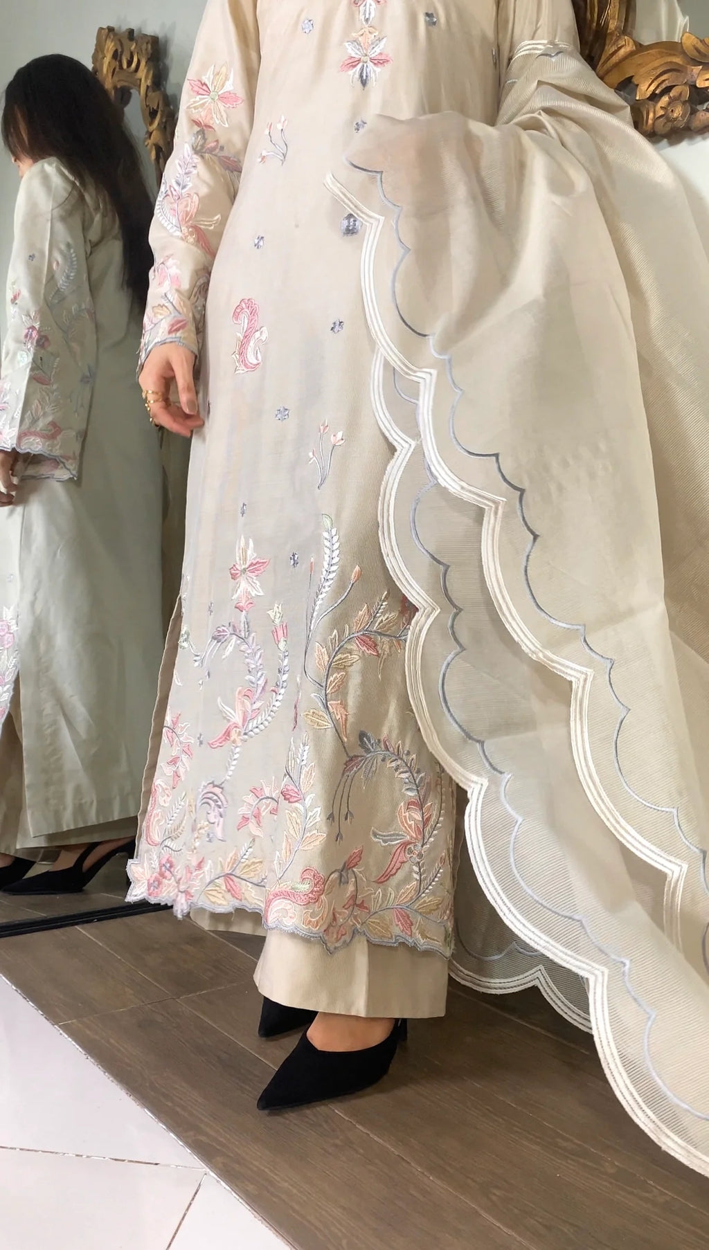 Elegant Ivory Embroidered 3-Piece Suit with Pastel Floral Detailing