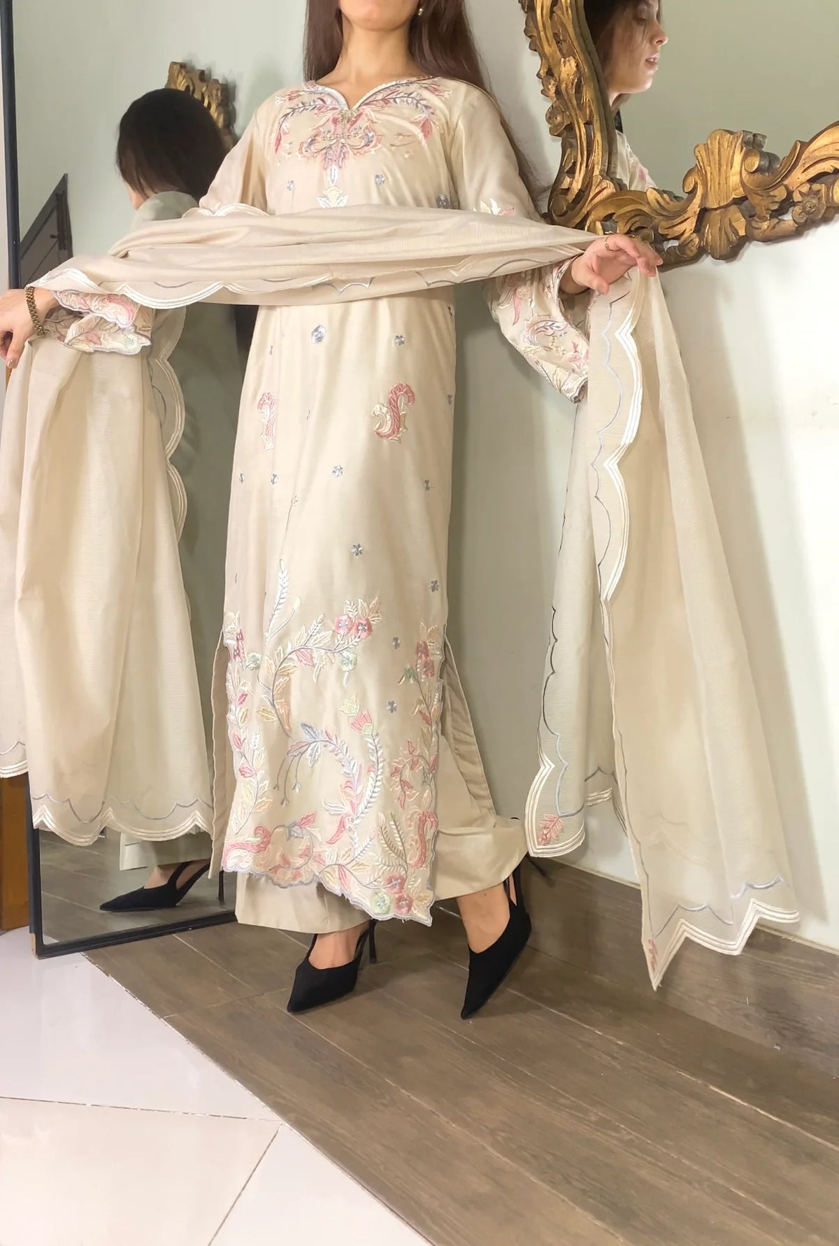 Elegant Ivory Embroidered 3-Piece Suit with Pastel Floral Detailing