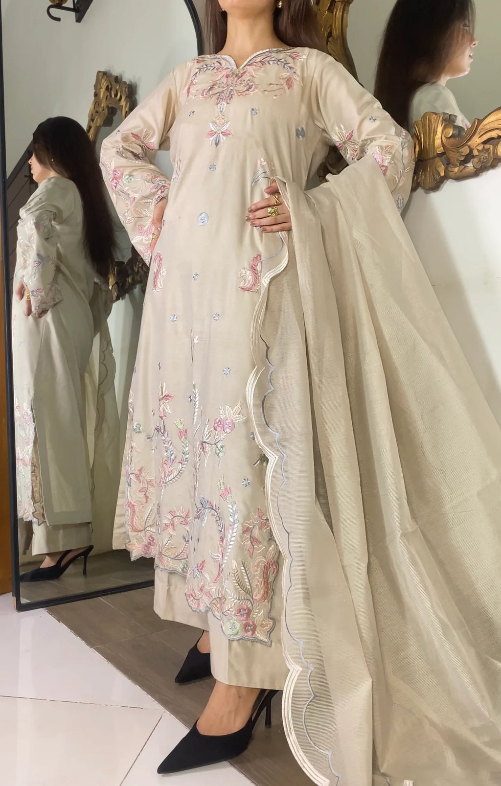 Elegant Ivory Embroidered 3-Piece Suit with Pastel Floral Detailing