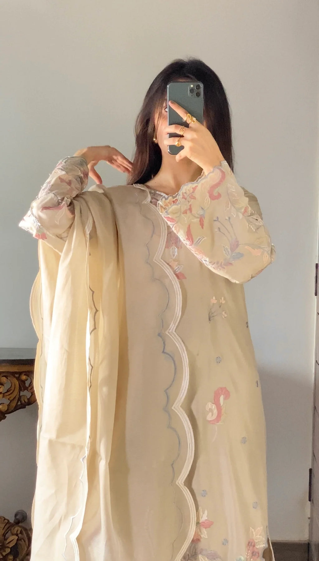 Elegant Ivory Embroidered 3-Piece Suit with Pastel Floral Detailing