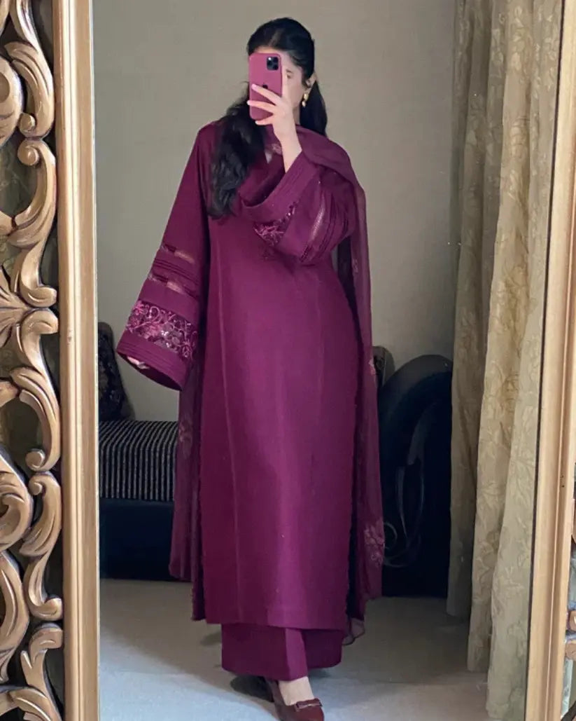 Royal Plum Embroidered 3-Piece Suit with Detailed Sleeves & Matching Dupatta