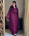 Royal Plum Embroidered 3-Piece Suit with Detailed Sleeves & Matching Dupatta