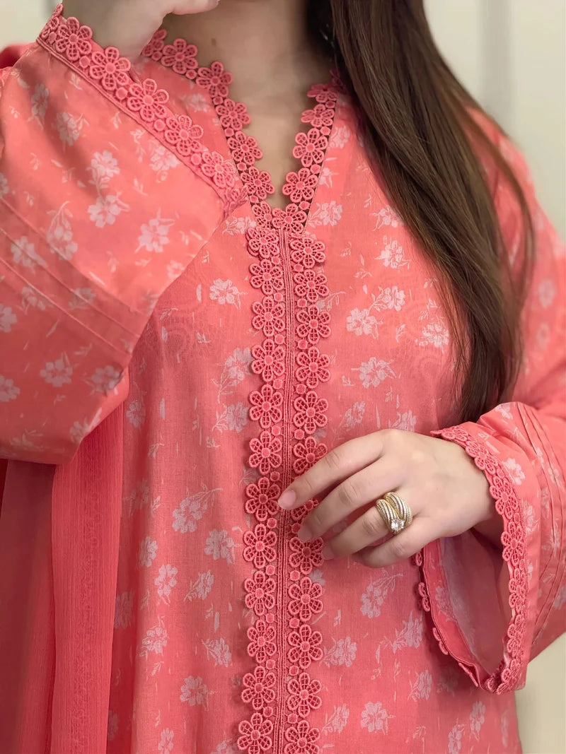 Coral Bloom Embroidered 3-Piece Suit
