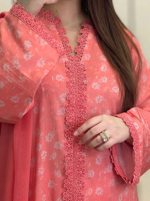 Coral Bloom Embroidered 3-Piece Suit