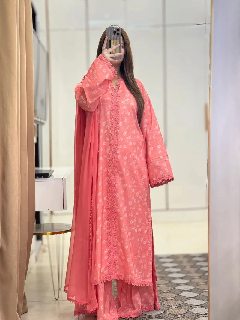 Coral Bloom Embroidered 3-Piece Suit