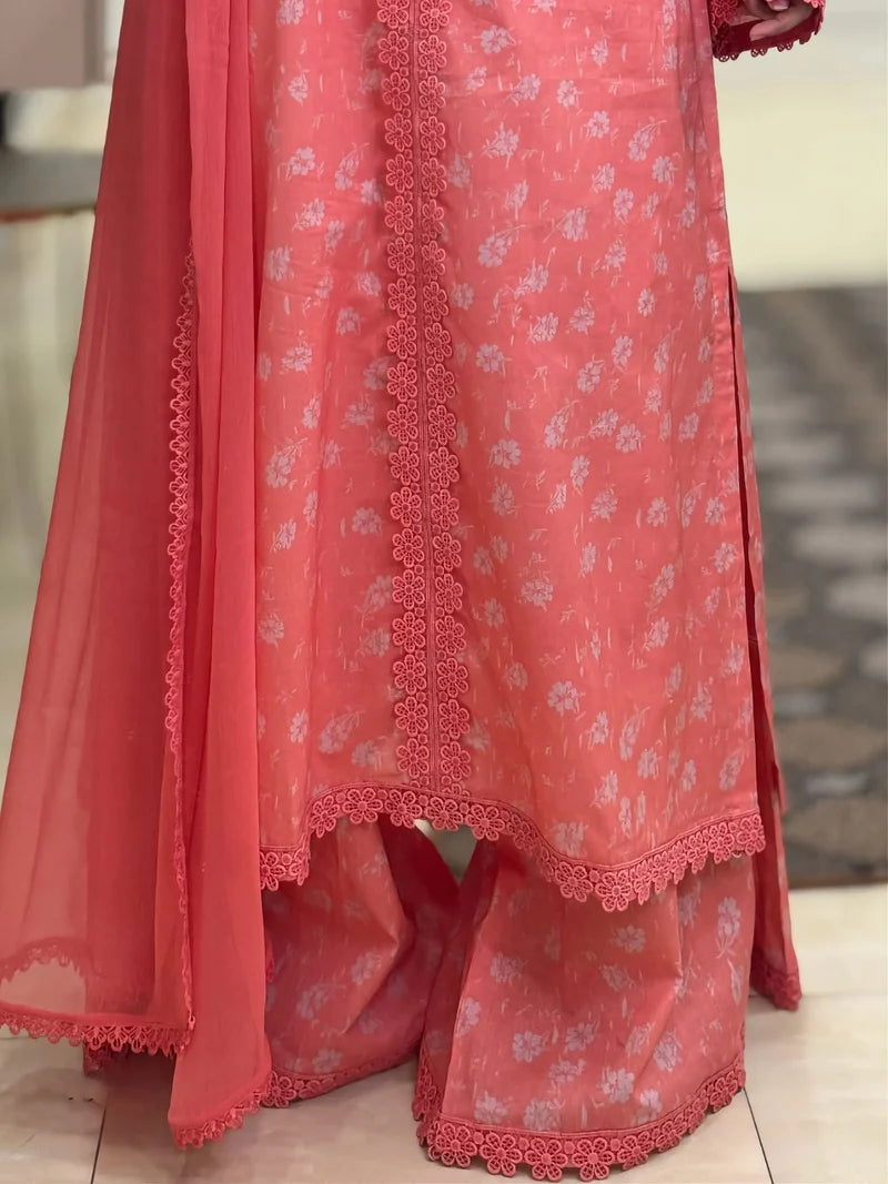 Coral Bloom Embroidered 3-Piece Suit