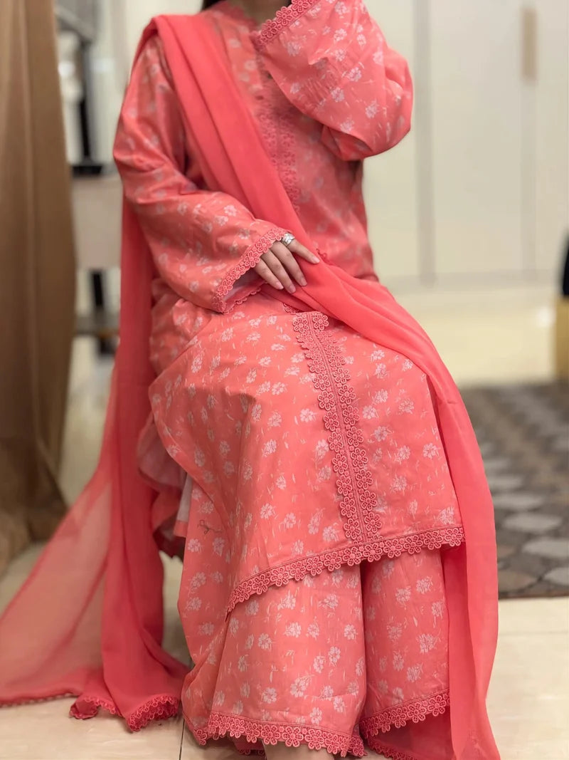 Coral Bloom Embroidered 3-Piece Suit