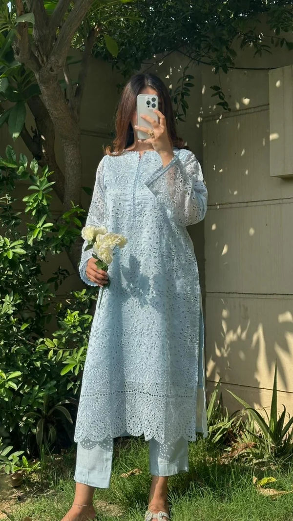 Embroidered Powder Blue Kurti