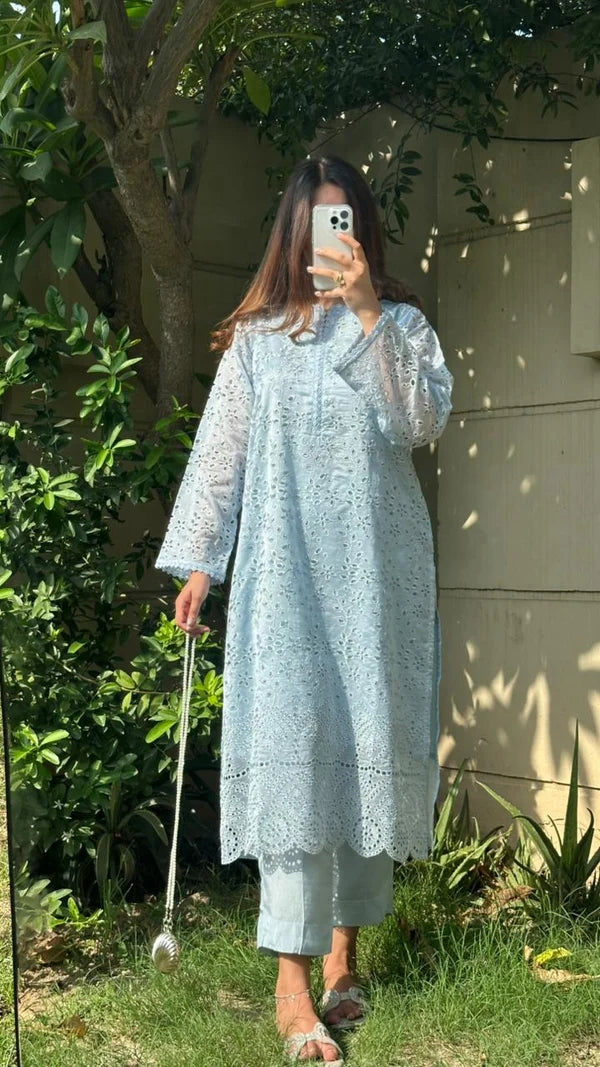 Embroidered Powder Blue Kurti