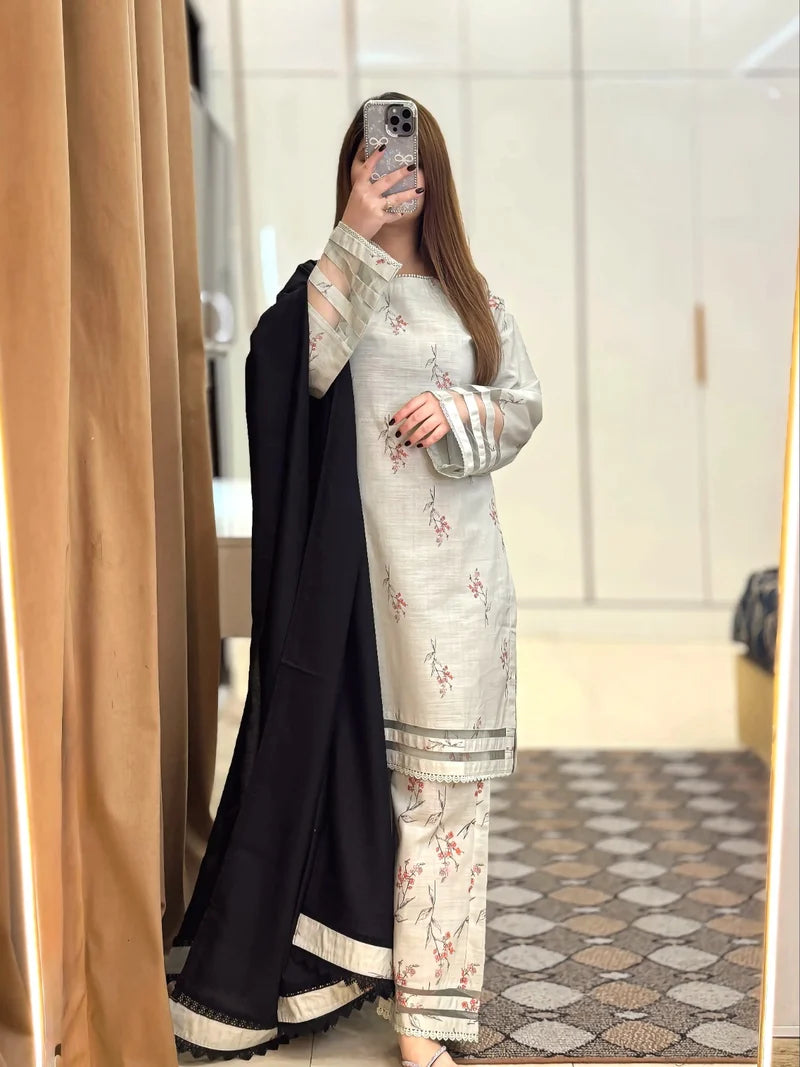 Ivory Floral Printed 3-Piece Suit with Black Dupatta