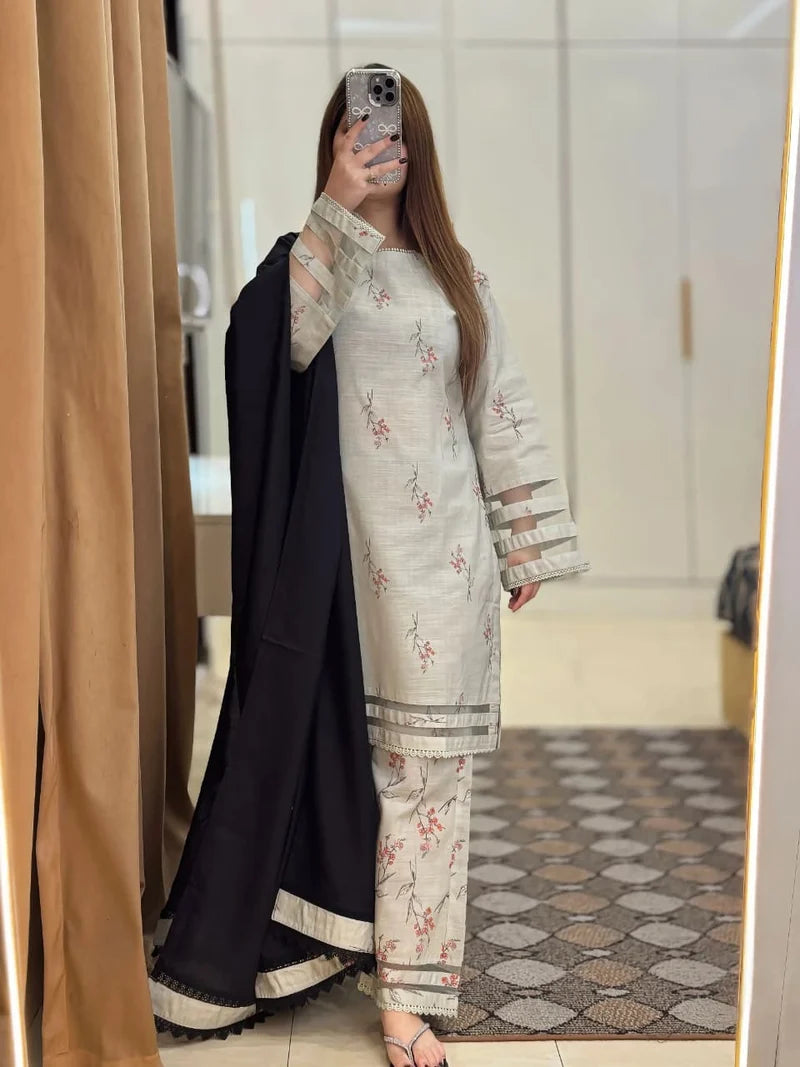 Ivory Floral Printed 3-Piece Suit with Black Dupatta