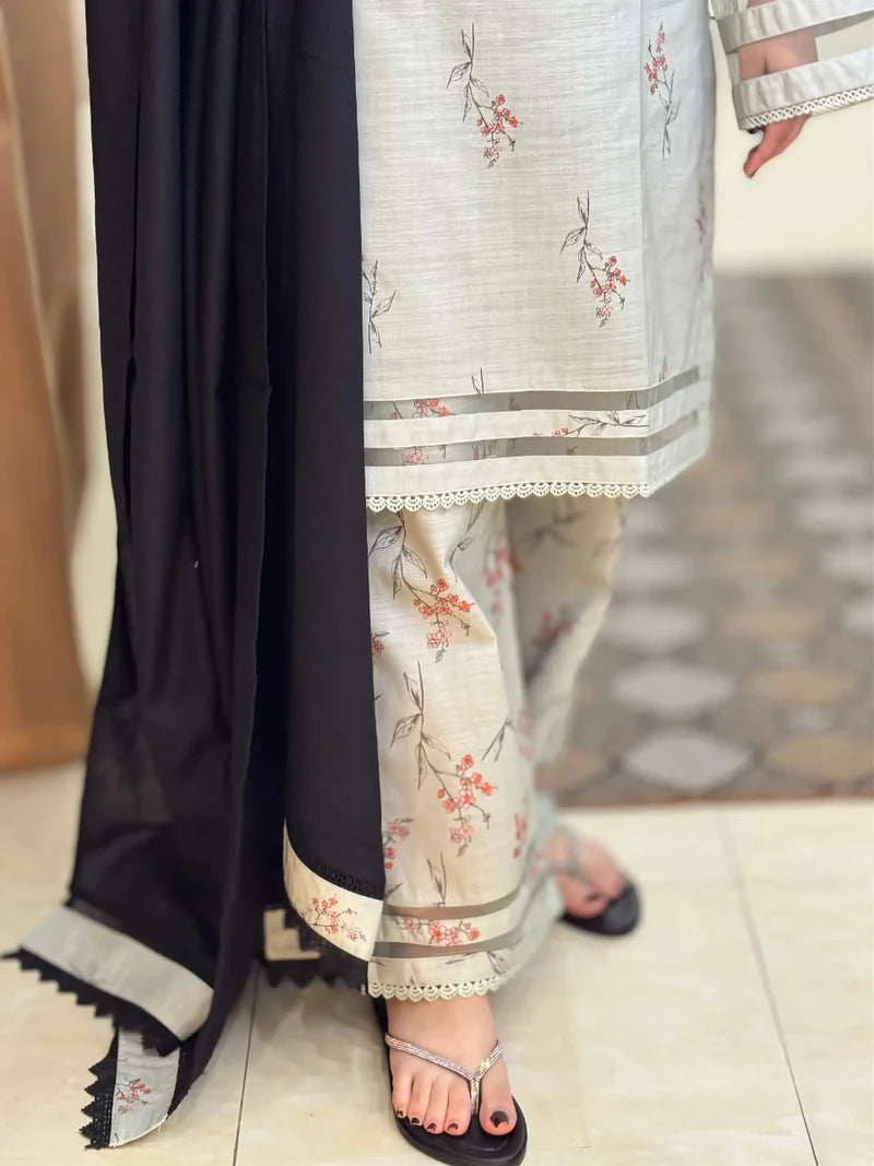 Ivory Floral Printed 3-Piece Suit with Black Dupatta