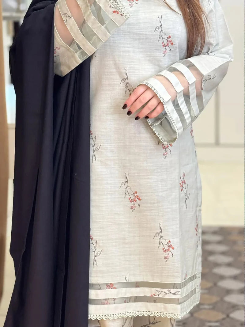 Ivory Floral Printed 3-Piece Suit with Black Dupatta