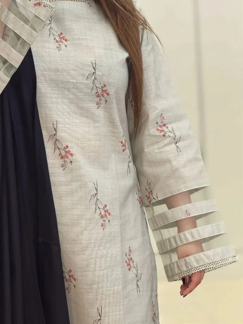 Ivory Floral Printed 3-Piece Suit with Black Dupatta