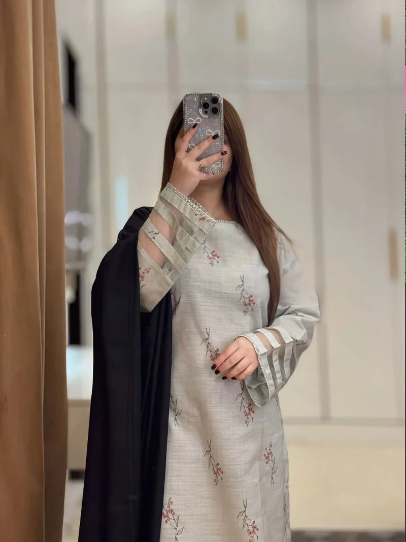Ivory Floral Printed 3-Piece Suit with Black Dupatta