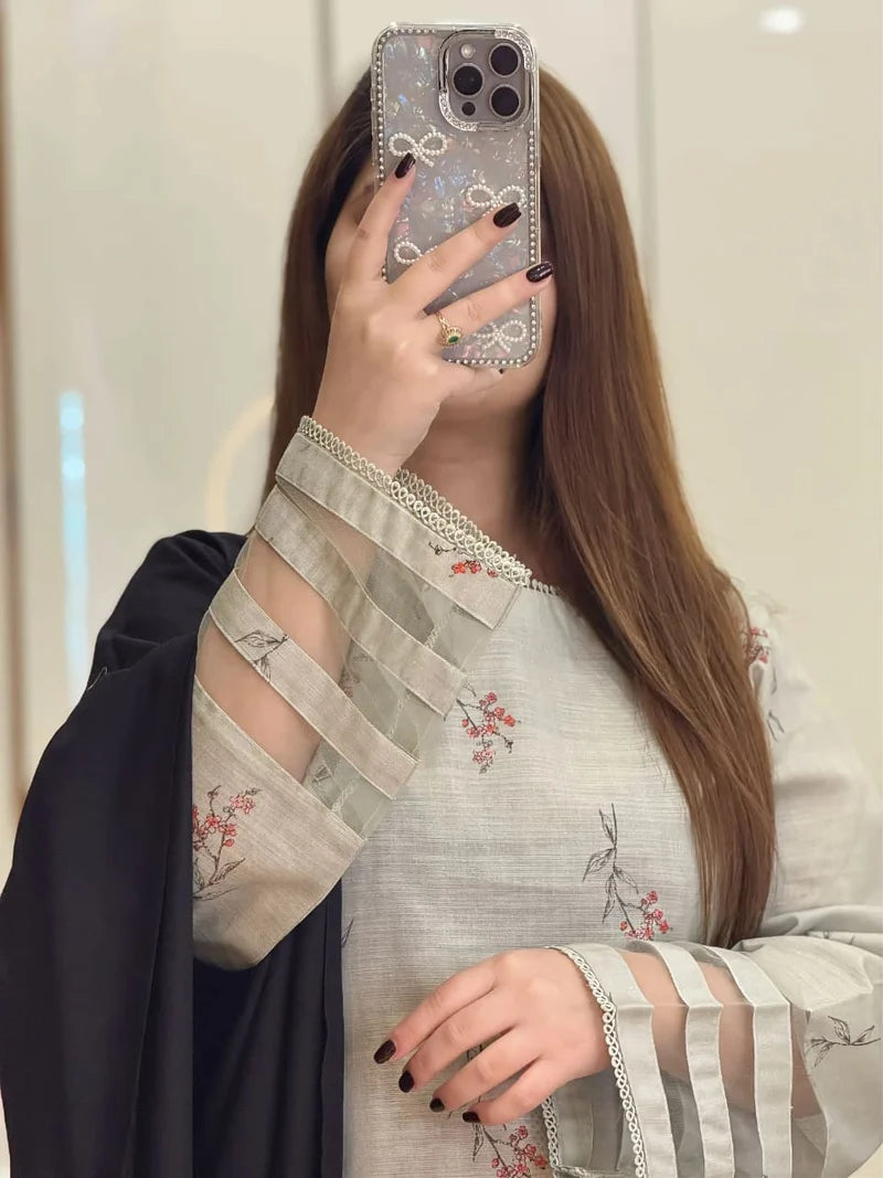 Ivory Floral Printed 3-Piece Suit with Black Dupatta