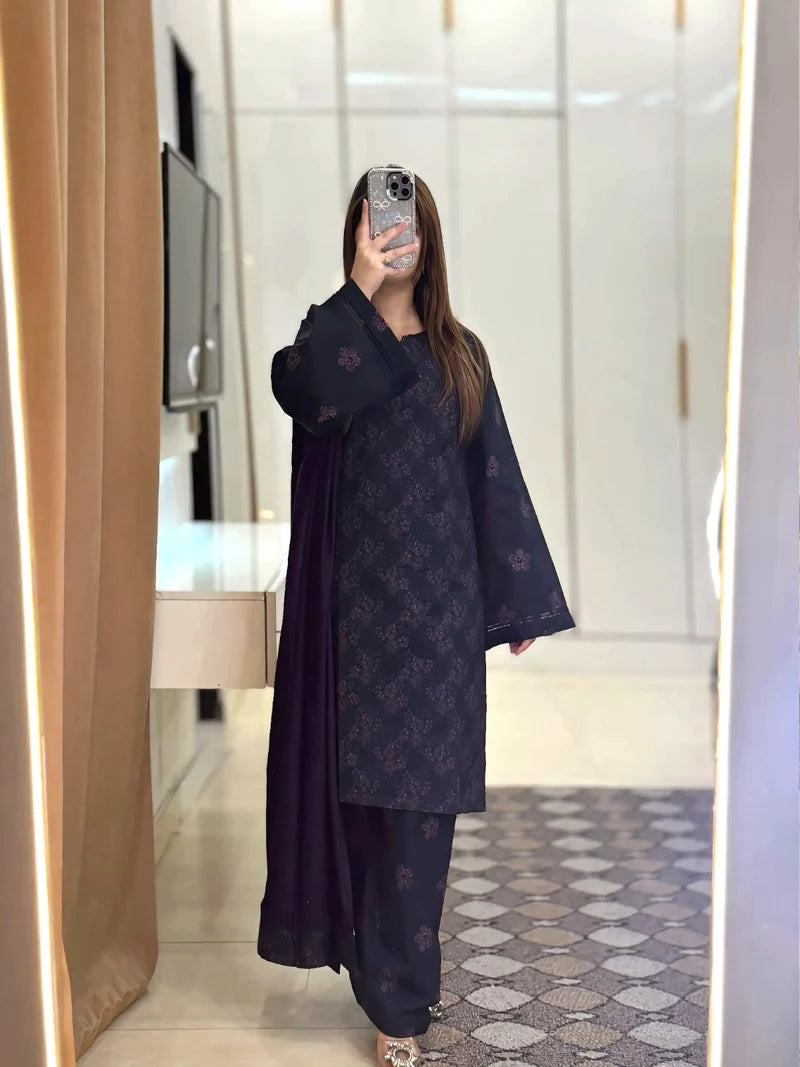 Winter Printed 3-Piece Suit – Elegant Dark Navy Floral Collection