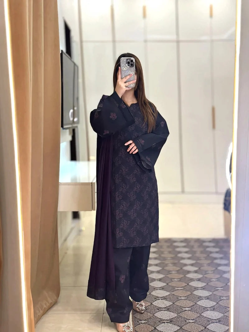 Winter Printed 3-Piece Suit – Elegant Dark Navy Floral Collection