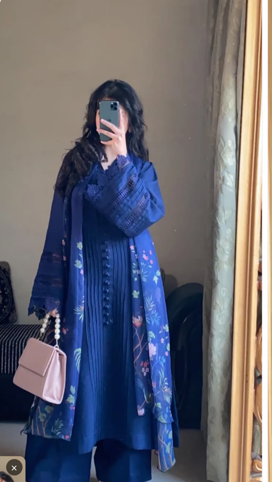 Midnight Blue Floral Embroidered 3-Piece Lawn Suit with Printed Dupatta