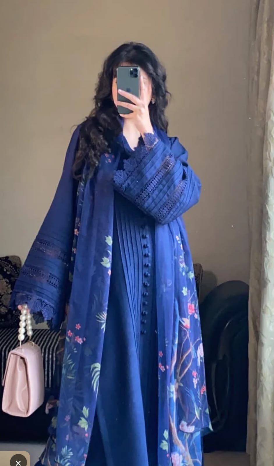 Midnight Blue Floral Embroidered 3-Piece Lawn Suit with Printed Dupatta