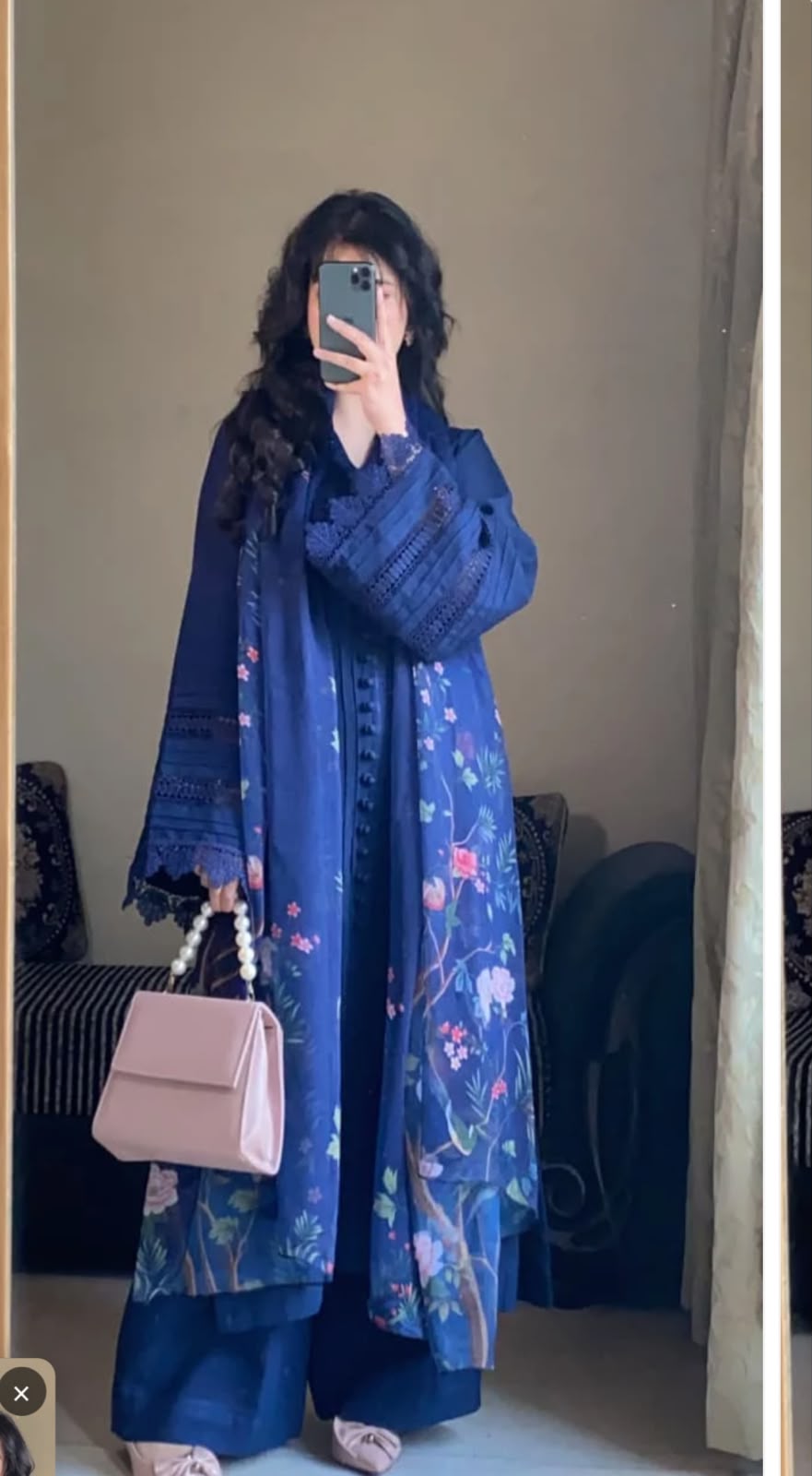 Midnight Blue Floral Embroidered 3-Piece Lawn Suit with Printed Dupatta