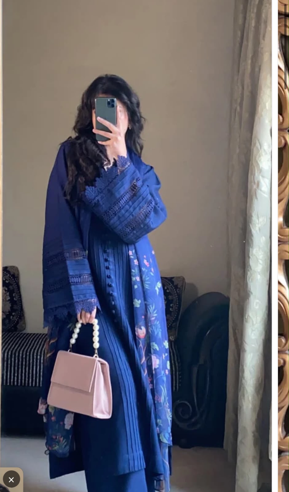 Midnight Blue Floral Embroidered 3-Piece Lawn Suit with Printed Dupatta