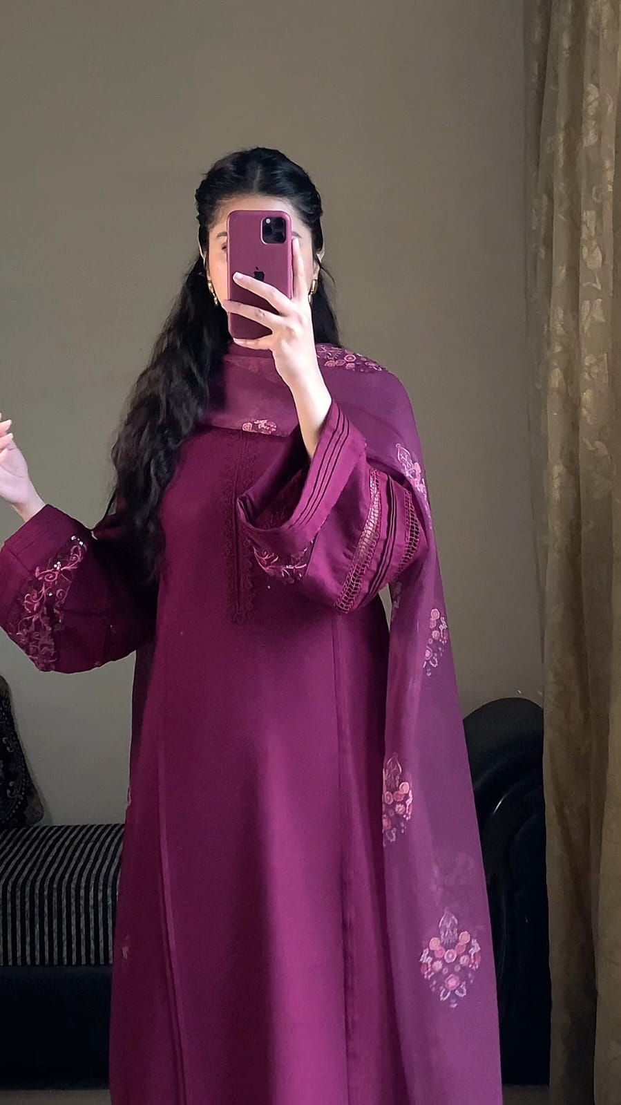 Royal Plum Embroidered 3-Piece Suit with Detailed Sleeves & Matching Dupatta