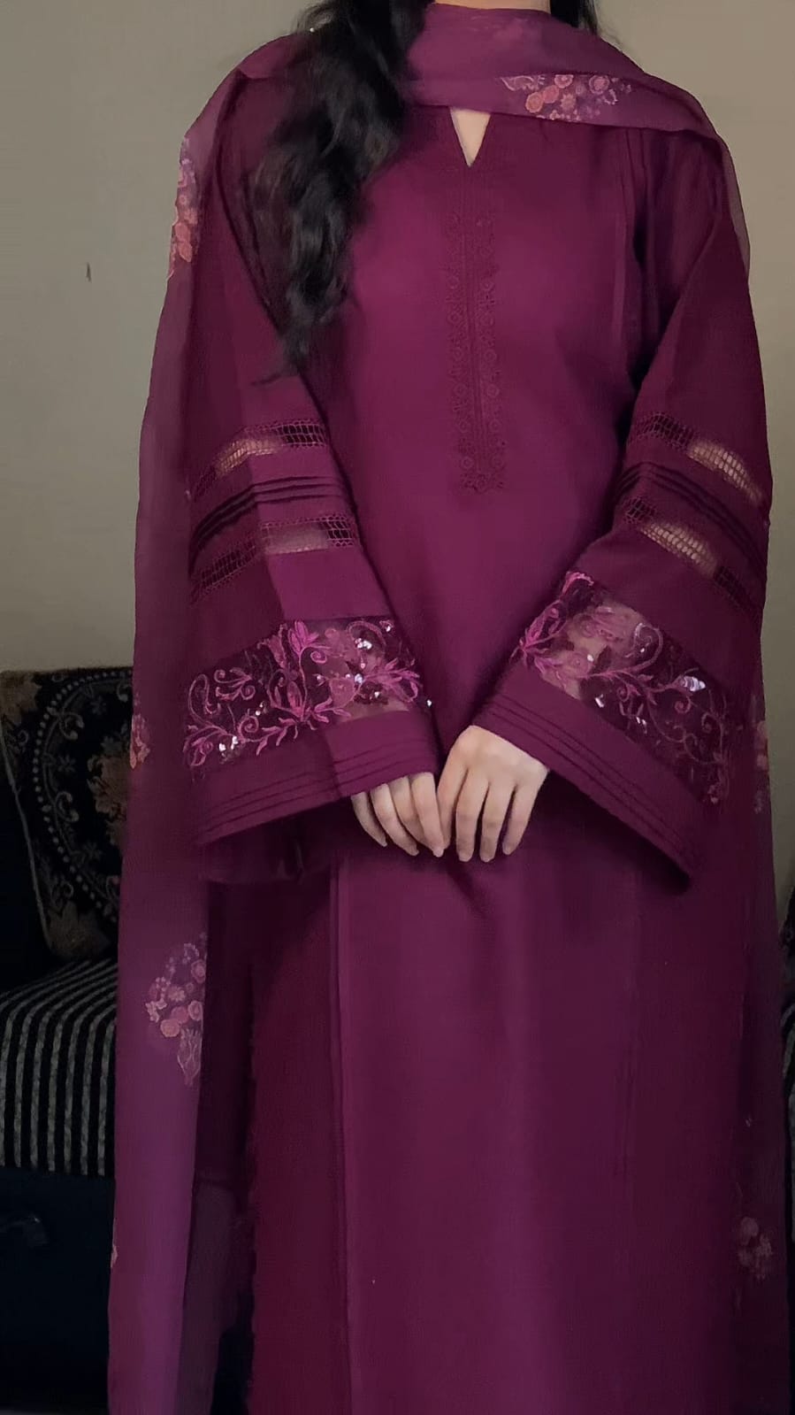 Royal Plum Embroidered 3-Piece Suit with Detailed Sleeves & Matching Dupatta