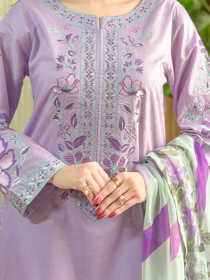 Elegant Lavender Embroidered 3-Piece Suit with Floral Dupatta