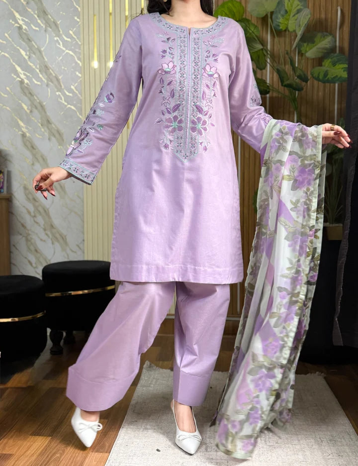 Elegant Lavender Embroidered 3-Piece Suit with Floral Dupatta