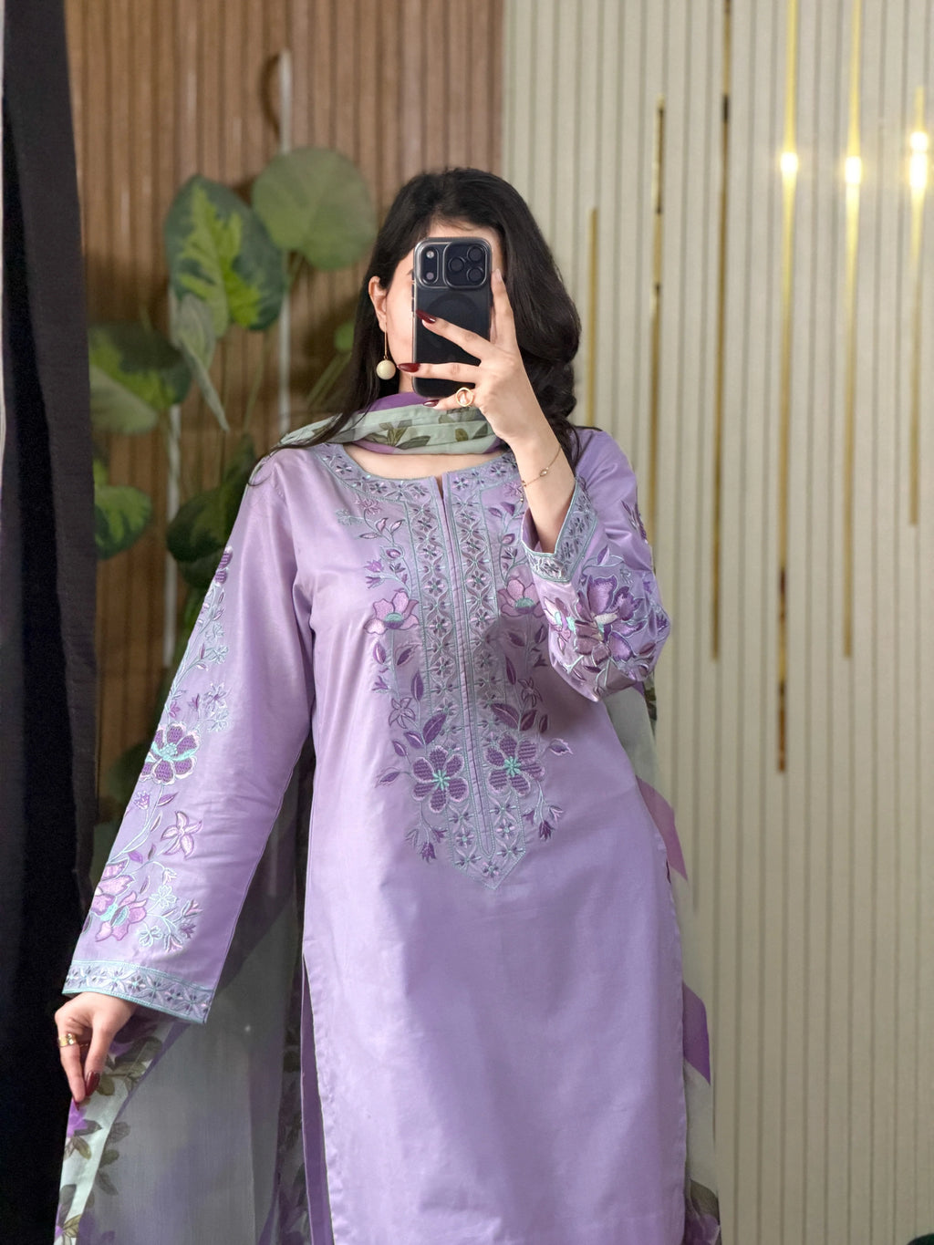 Elegant Lavender Embroidered 3-Piece Suit with Floral Dupatta