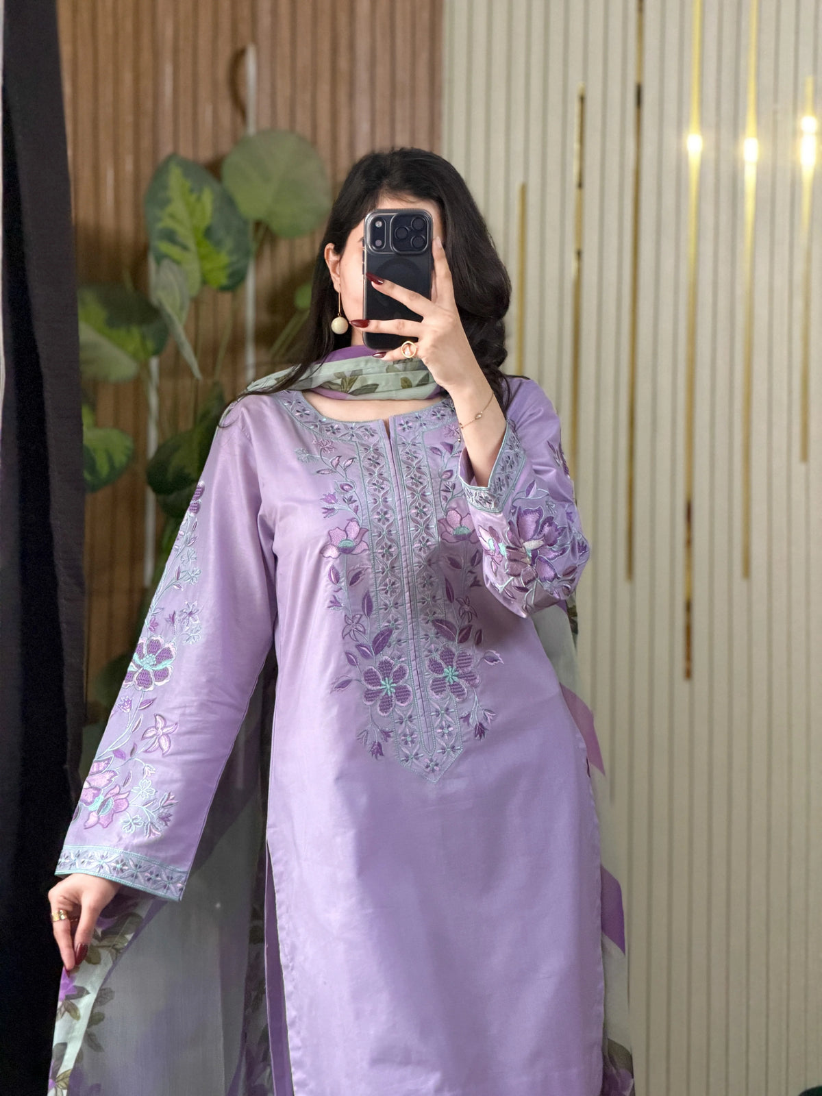 Elegant Lavender Embroidered 3-Piece Suit with Floral Dupatta