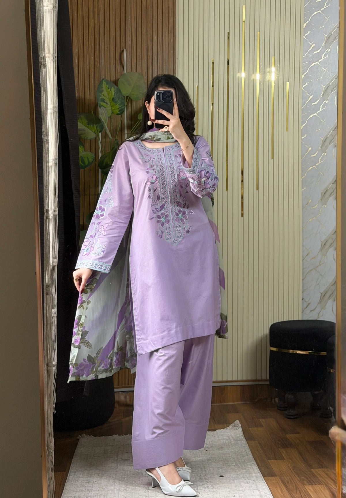 Elegant Lavender Embroidered 3-Piece Suit with Floral Dupatta