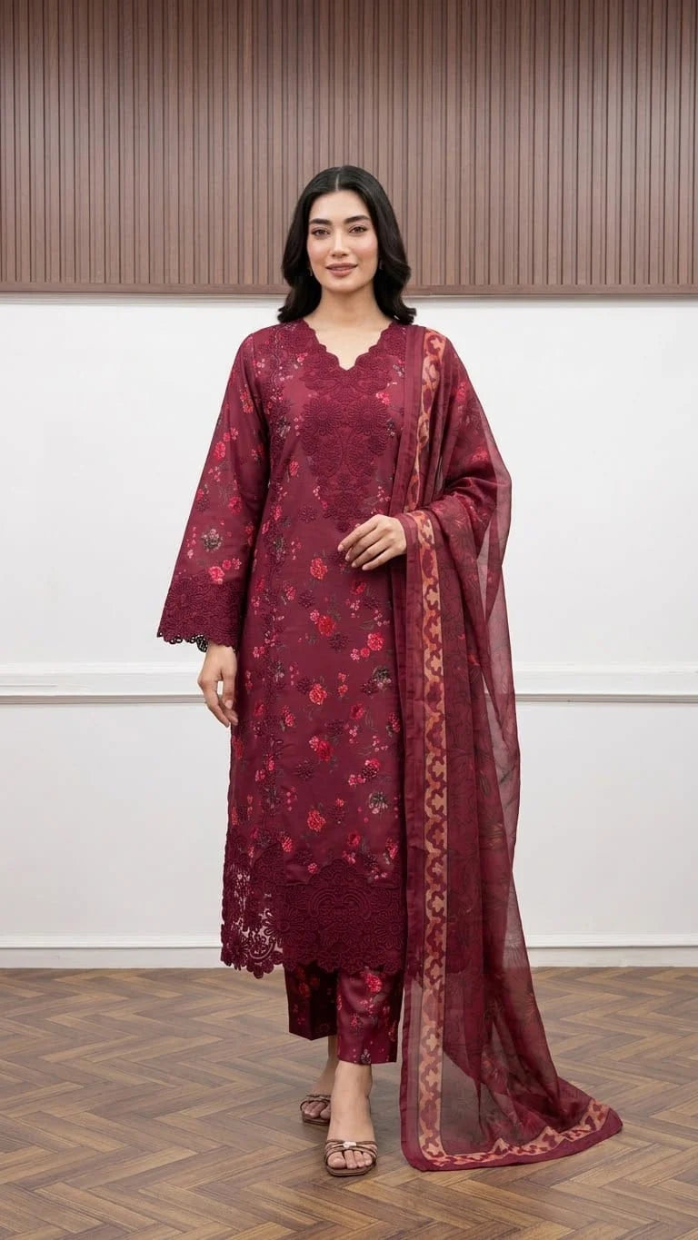 Elegant Maroon Floral Printed 3-Piece Suit