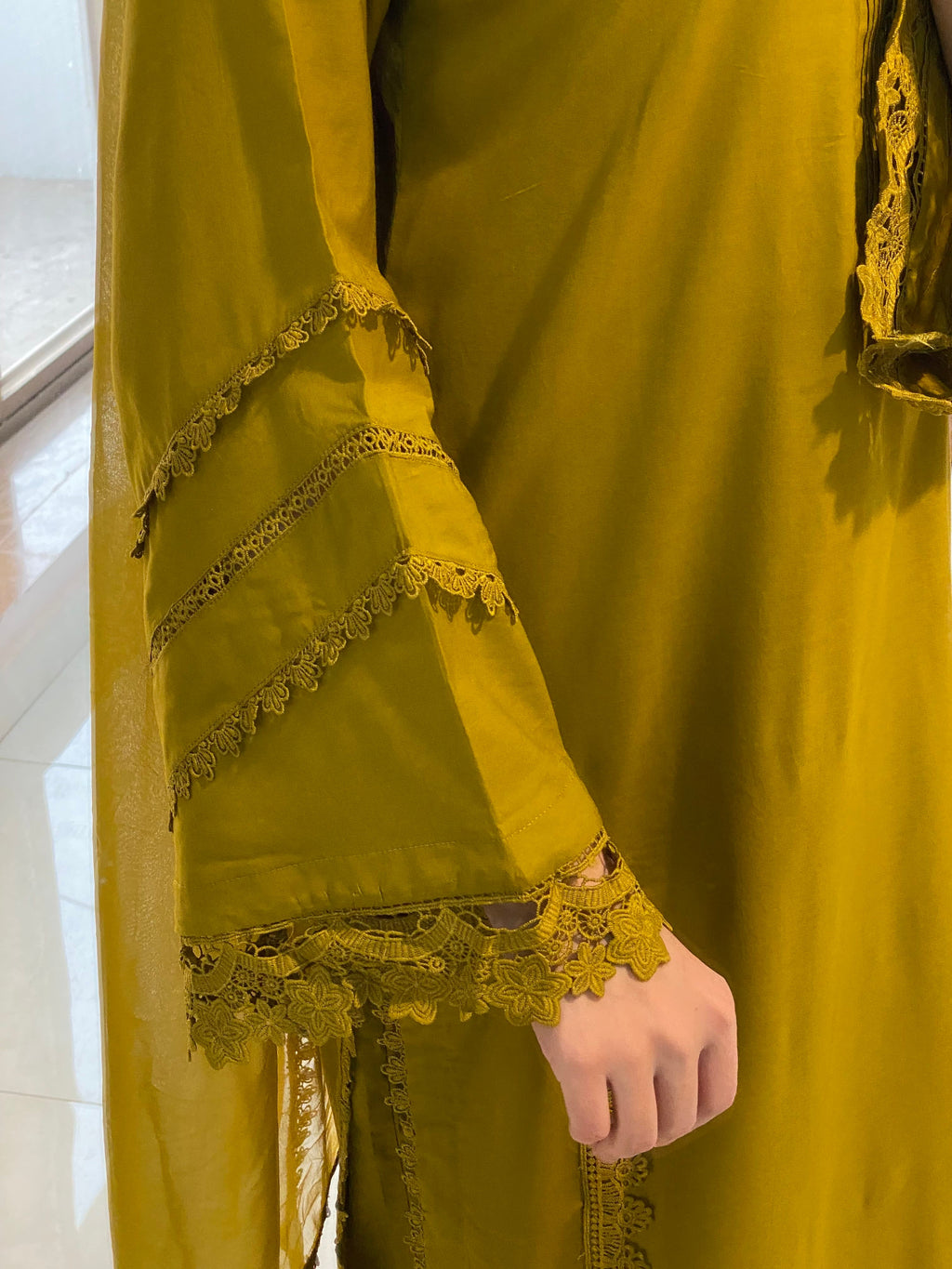Elegant Mustard Embroidered 3-Piece Suit – Long Kurta with Matching Trouser &amp; Dupatta