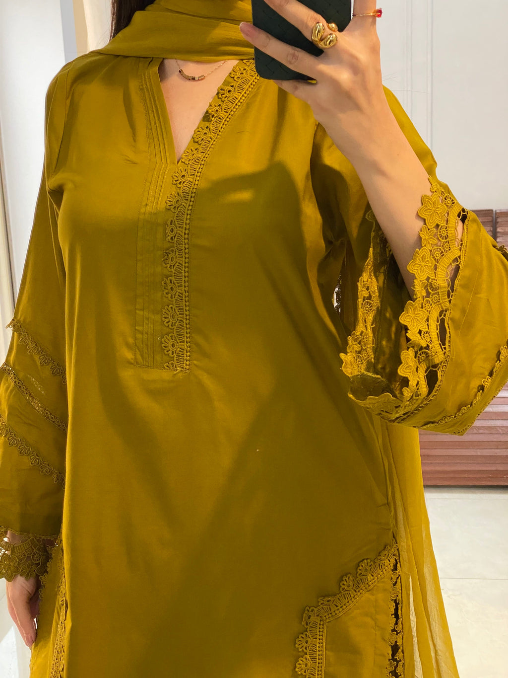 Elegant Mustard Embroidered 3-Piece Suit – Long Kurta with Matching Trouser &amp; Dupatta