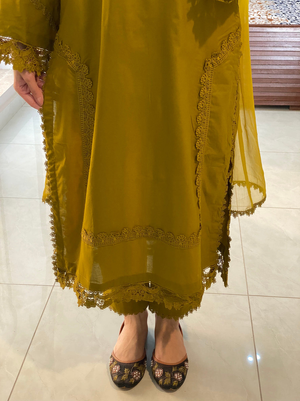 Elegant Mustard Embroidered 3-Piece Suit – Long Kurta with Matching Trouser &amp; Dupatta