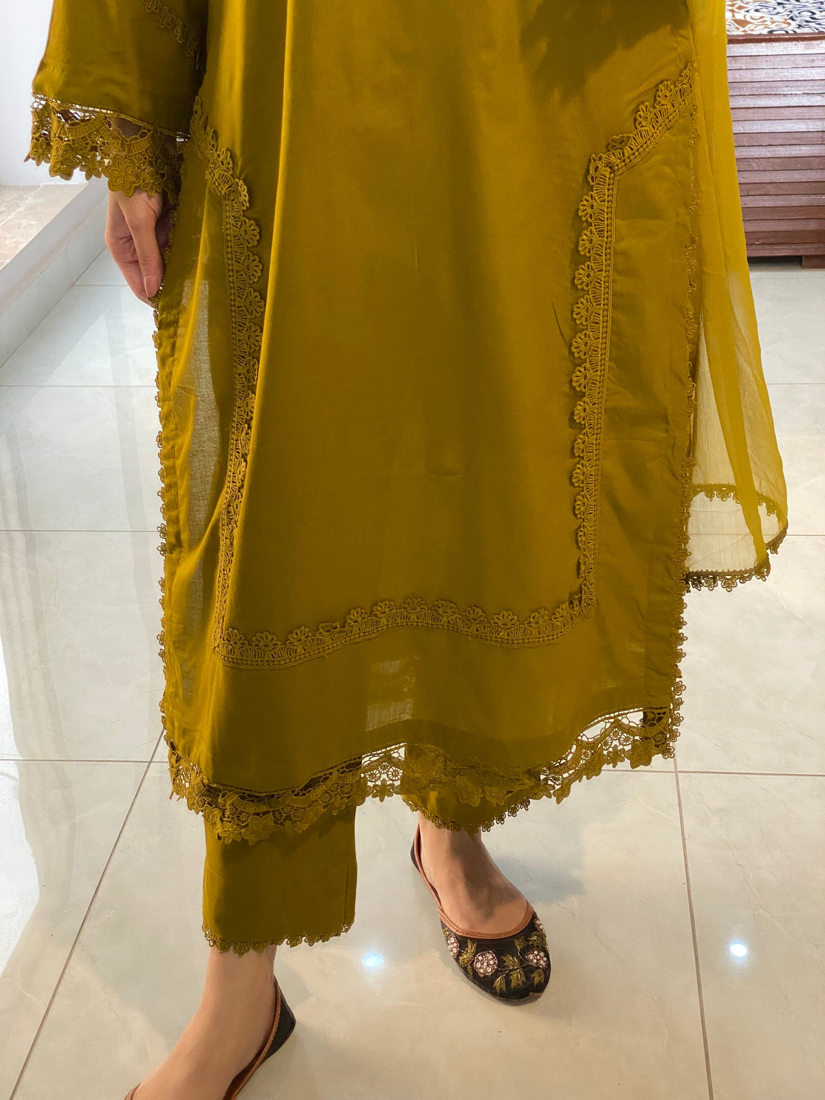 Elegant Mustard Embroidered 3-Piece Suit – Long Kurta with Matching Trouser &amp; Dupatta