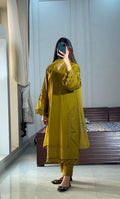 Elegant Mustard Embroidered 3-Piece Suit – Long Kurta with Matching Trouser &amp; Dupatta