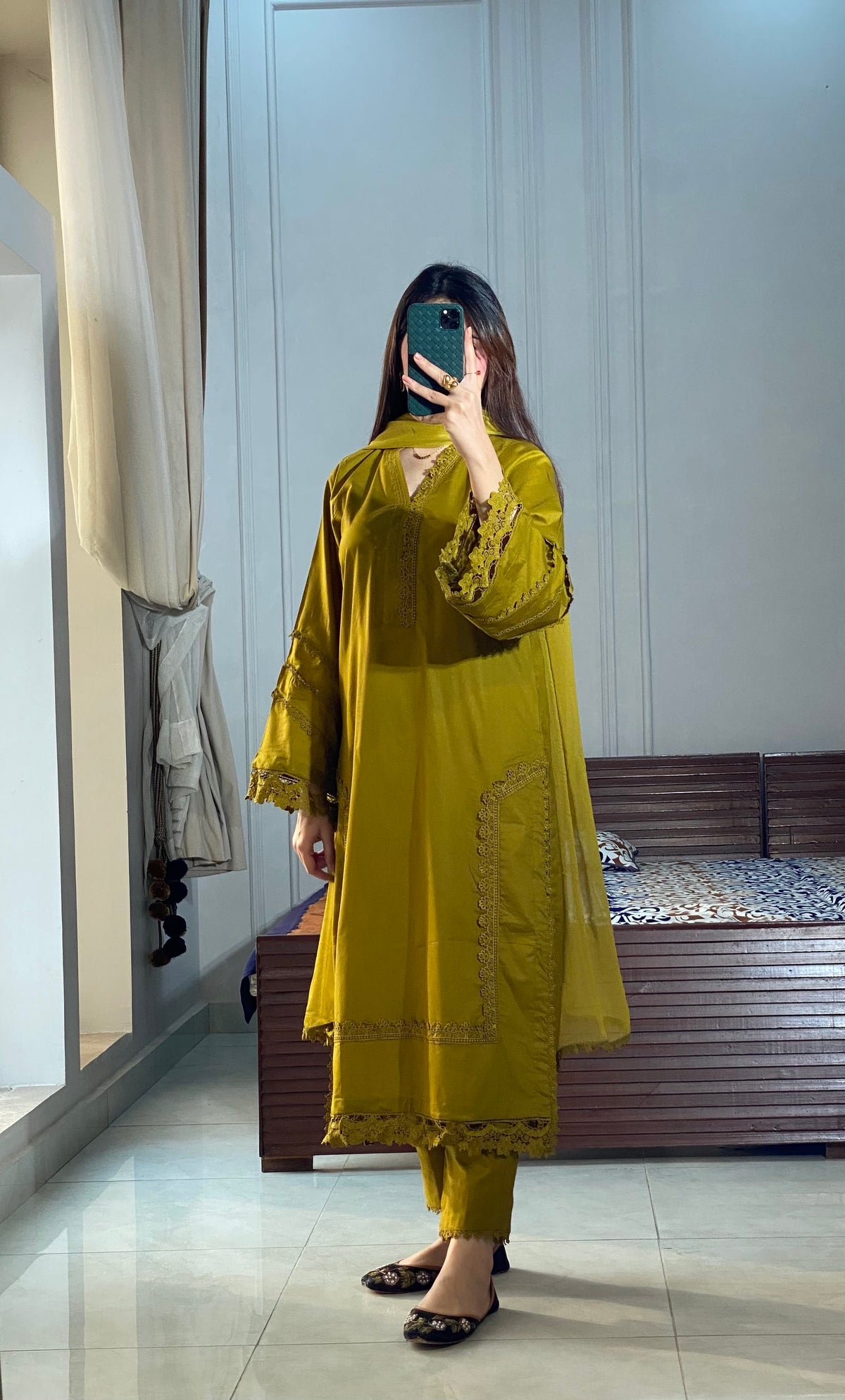 Elegant Mustard Embroidered 3-Piece Suit – Long Kurta with Matching Trouser &amp; Dupatta