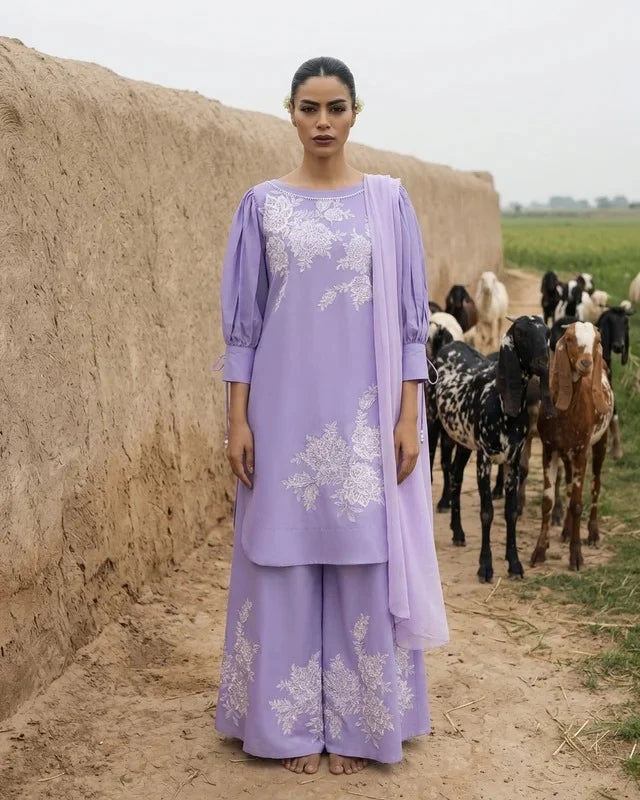 Elegant Lavender Embroidered 3-Piece Suit